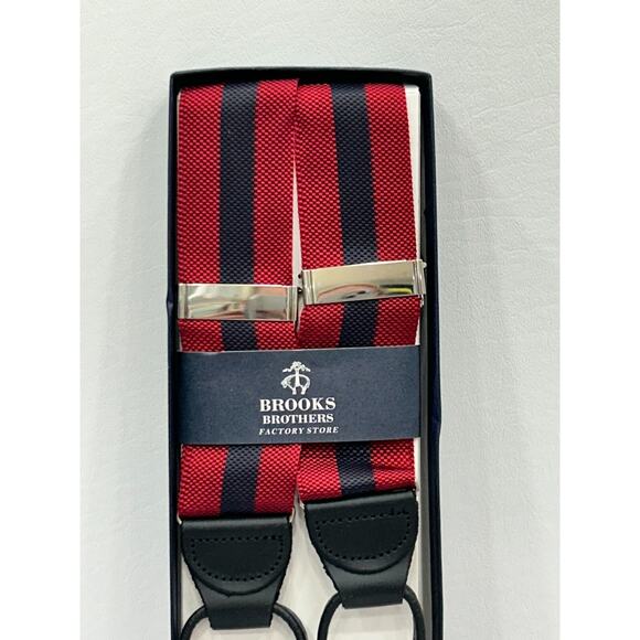 NEW Brooks Brothers Mens Red Navy Striped Adjustable Braces Suspenders Leather - Picture 3 of 7